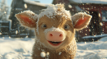 Happy Cute calf: Cute Baby Calf Face Happy Smile Expression in Snowy Winter Landscape, Featuring a Slightly Cartoony Yet Realistic Style