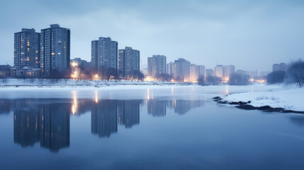 Obraz premium Winter Skyline and Reflection on Calm River