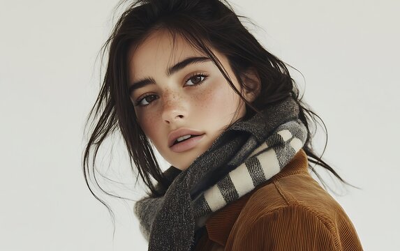 Effortlessly Chic: Female Model in J.Crew Style Corduroy Jacket Posing Against White Background with Cinematic Lighting
