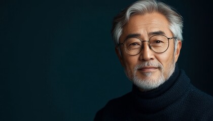 Obraz premium beautiful asian senior man wearing sweater in glasses on black background with copy space, minimalistic portrait