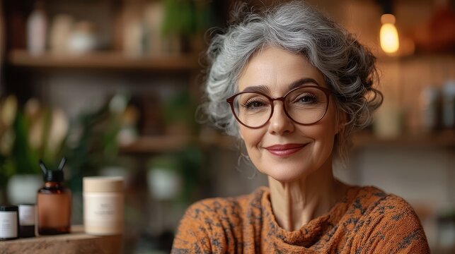 Mature Skin Beauty Influencer - Woman in 60s Reviewing Organic Products on Vlog, Promoting Natural Skincare Regimen