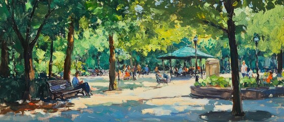 Oil painting depicting a serene summer afternoon in a lively urban park
