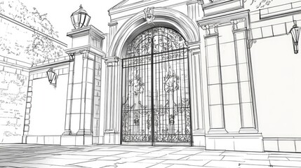 Line art illustration of a vintage Spanish gate in an old architectural style