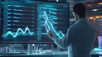 DNA sequencing machine at work in a sterile lab, glowing with digital data streams