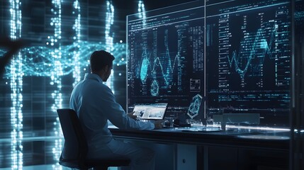 DNA sequencing machine at work in a sterile lab, glowing with digital data streams
