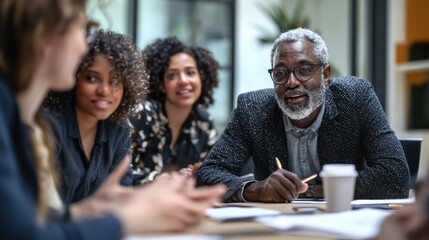 A diverse group of individuals around a table, discussing strategies or sharing ideas for advocacy and change.