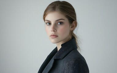 Modern Elegance: Stylish Female Model in Hugo Boss-Inspired Grey Coat - Editorial Fashion Shoot with Cinematic Lighting