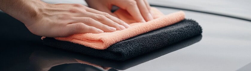 hands using a microfiber towel to wipe a smooth surface, showcasing the importance of care in cleaning.