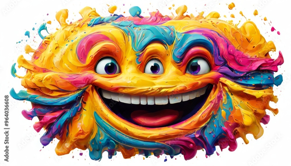 Poster a vibrant and colorful 3d character with an abstract design, featuring a wide smile and multiple eye