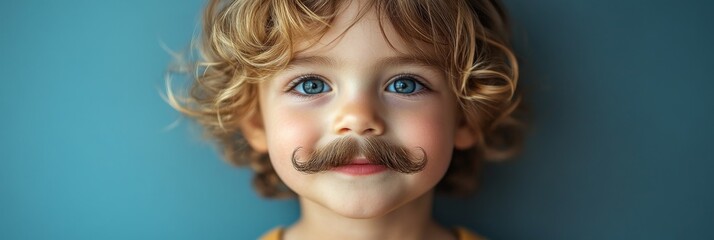 Obraz premium funny little blond boy with mustache on blue background, joke