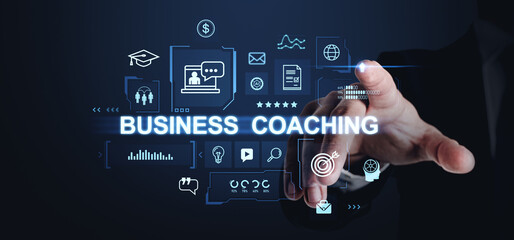 Digital business coaching concept with icons on a futuristic interface background.