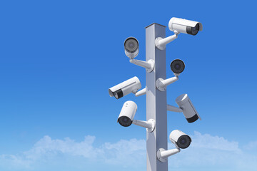 Surveillance camera pillar monitoring on sky background, security and control