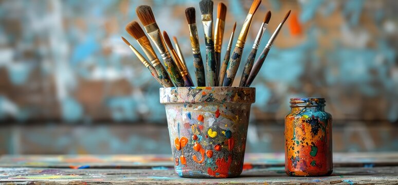 A collection of paintbrushes in a paint splattered container, next to a jar of paint, on a wooden table.