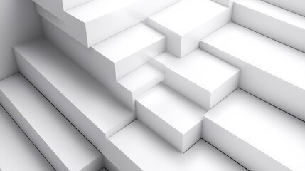 High-Resolution 3D Render of White Abstract Background with Stairs and Cubes, Minimalist Design, Clean Lines, Hyper-Realistic Quality