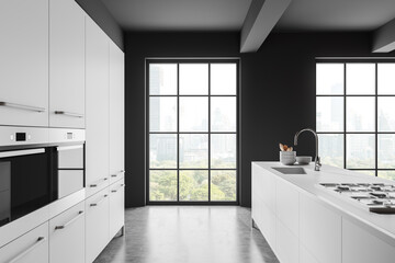 Stylish home kitchen interior with bar island, cooking cabinet and window
