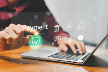 Digital Banking and Online Payment Concept. Man using mobile phone for transactions and online shopping, E-transaction and financial technology modern online shopping experience, Online purchase.