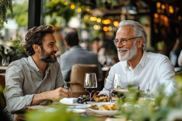Mentorship in Action: Senior Man Discussing Long-Term Business Goals with Younger Colleague Over Lunch