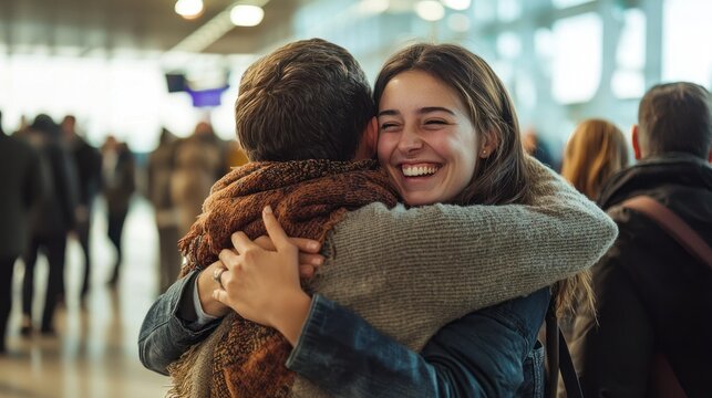 A family reunited at an airport arrival gate with joyful embraces and smiles