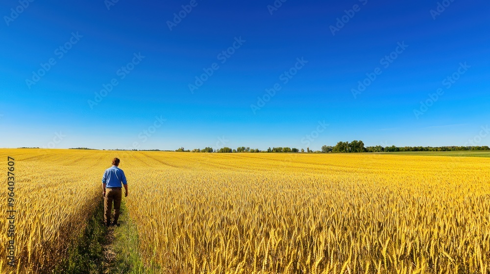 Wall mural a farmer inspecting a field of golden wheat under a clear blue sky