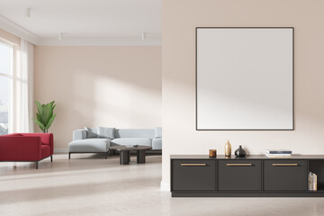 Modern living room with blank framed poster on wall. 3D Rendering