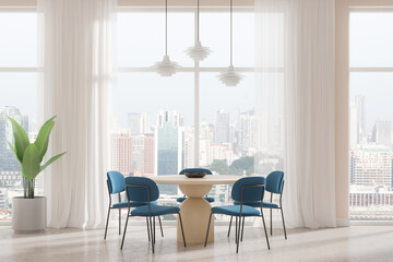 Cozy home living room interior with eating table and chairs, panoramic window