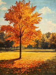 Oil painting depicting an autumn landscape featuring a serene park vibrant autumn foliage dry leaves in the foreground and a solitary striking tree