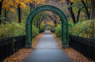 Fototapeta premium iron trellis in the shape of arches, overhanging a path through a park with green plants and trees