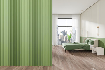 Modern bedroom with a green accent wall, wooden flooring, and a large window overlooking a cityscape. Clean and minimalistic design. 3D Rendering