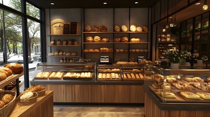 A modern 3D bakery case showcasing a variety of warm, freshly baked goods, including artisanal bread and delicate pastries, capturing the inviting essence of a local bakery 