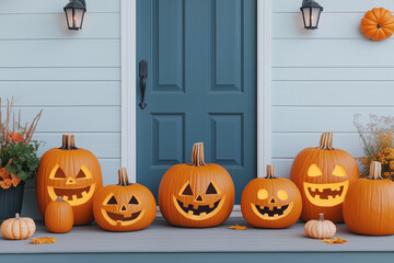 Obraz premium Pumpkin Porch: A charming row of glowing jack-o'-lanterns illuminate the front porch of a cozy home, creating a festive and inviting atmosphere for trick-or-treaters. The pumpkins are of various sizes