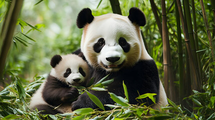 Fototapeta premium A panda sitting in a bamboo forest with its cub, lush green bamboo stalks towering around them as they peacefully eat leaves