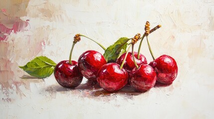 Oil painting depicting cherries on a white background showcasing the fruit elegantly