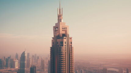 Naklejka premium Stunning Skyscraper at Sunset in Modern Cityscape