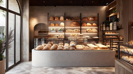 A modern 3D bakery case showcasing a variety of warm, freshly baked goods, including artisanal bread and delicate pastries, capturing the inviting essence of a local bakery 