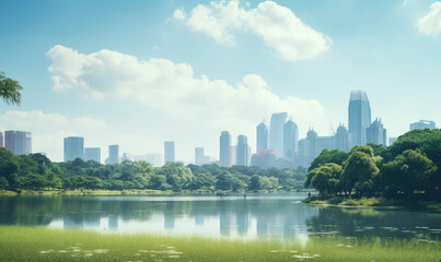 Skyline Reflected in Tranquil Park Lake