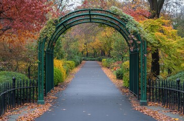 iron trellis in the shape of arches, overhanging a path through a park with green plants and trees