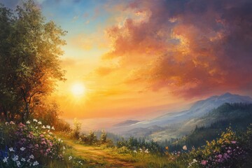 Obraz premium Oil painting depicting a stunning sunset with a picturesque landscape