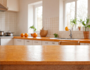 Green Empty wooden table with the bright white interior of the kitchen as a blurred background behind the bokeh golden sunshine