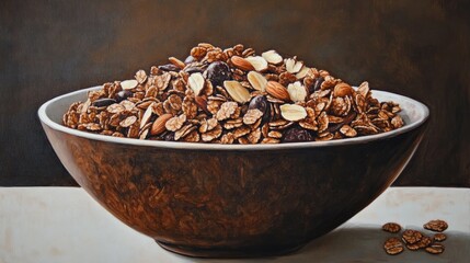 Oil painting depicting a delightful bowl of chocolate cornflakes and almonds showcasing nutritious granola as a wholesome food option