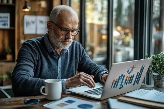 Senior Leader Analyzing Performance Metrics on Laptop with Focus and Concentration