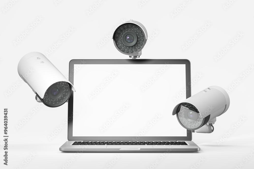 Aufkleber laptop with blank screen surrounded by security cameras on a white background. 3d rendering