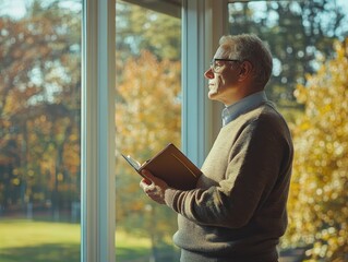 Obraz premium Contemplative Senior Man in Profile Standing by Window Holding Pen and Notebook, Reflecting Leadership and Focus