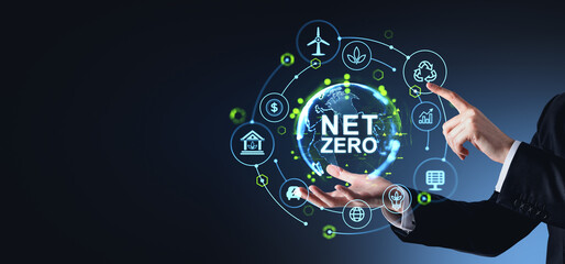 Man hands and finger touch net zero hologram and ecology icons, copy space