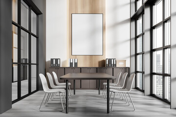 Office workspace interior with board and drawer, window. Mockup frame