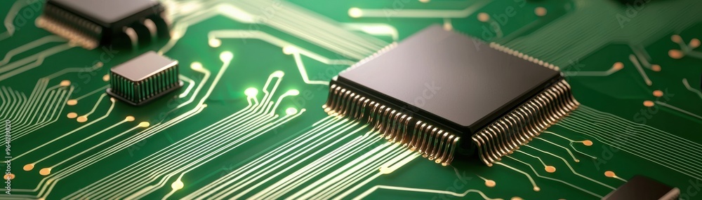 Poster a computer chip on a circuit board showcasing intricate details and technology.