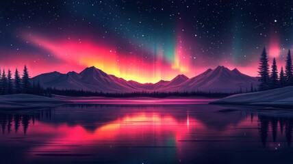 Flat design style northern lights with simplified forms and bold colors.
