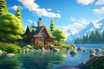 Wooden house by the lake with mountains in the background - 3d render