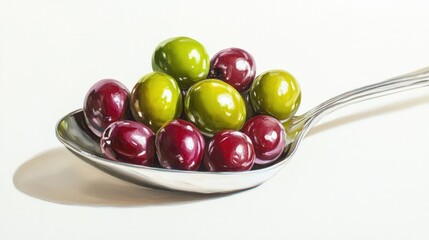 Fototapeta premium Oil painting depicting a mix of green and red olives arranged over a spoon set against a white background