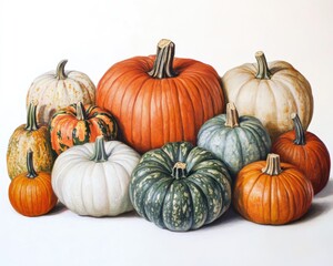 Oil painting showcasing a diverse selection of pumpkins against a white background emphasizing product photography with an isolated presentation