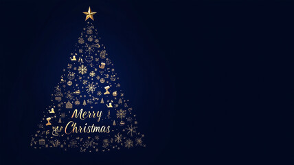 Abstract Christmas tree shape made of Christmas decorations, text "Merry Christmas", dark blue background. Christmas ornaments in the shape of a Christmas tree. Christmas greeting card, business chris
